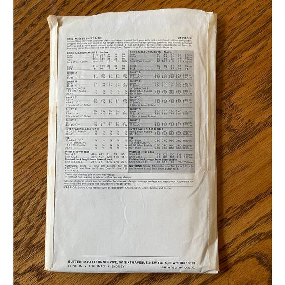 Vintage 1980s Butterick 6362 Sewing Pattern Sz Sm 12 Button Up Top Set COMPLETE - Picture 2 of 2